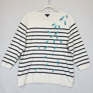 Talbots Knit Sweater Embroidered Peacock Feathers Women XLP Cream Black Stripe